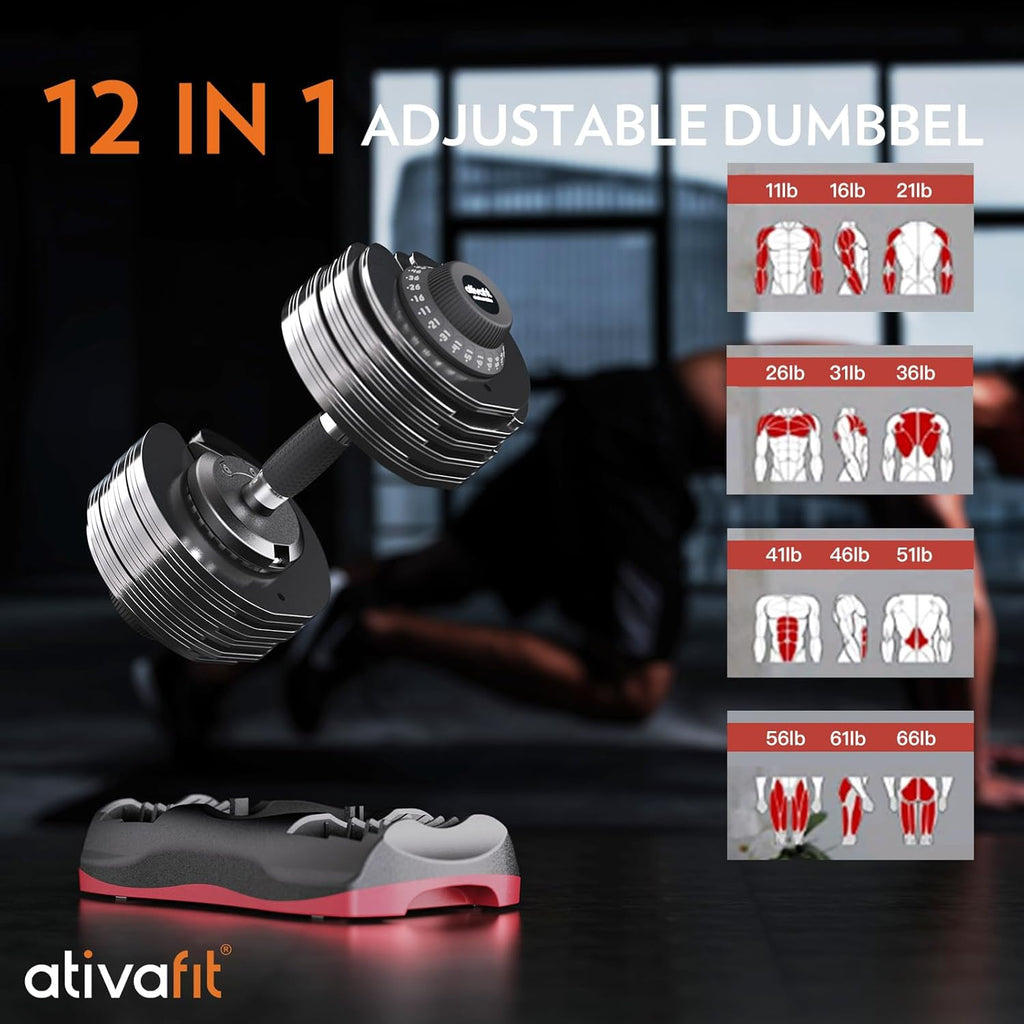 27.5/66/88LBS Pair Adjustable Dumbbell Set with Anti-slip Handle 12 In 1 Quick Dial Adjustment Weights With Safety Locking Button Space Saving Strength Training for Full Body Home Gym Workout