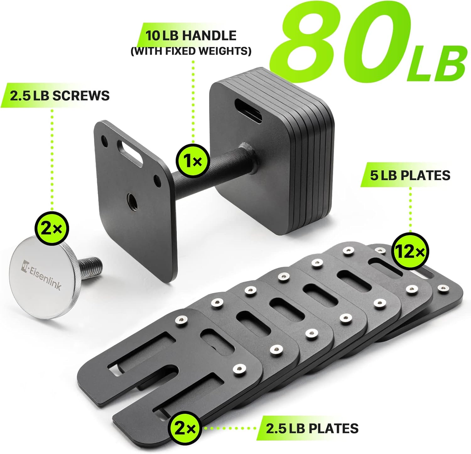 Adjustable Dumbbell Set, 10-50/80lb, 5lb Increments